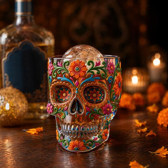 Decorative Glass for Home Bar Day of The Dead Wine Glass, with 3D Relief Painting, Hand-Painted Halloween Themed Gothic Skull Whiskey Cup, Parties And