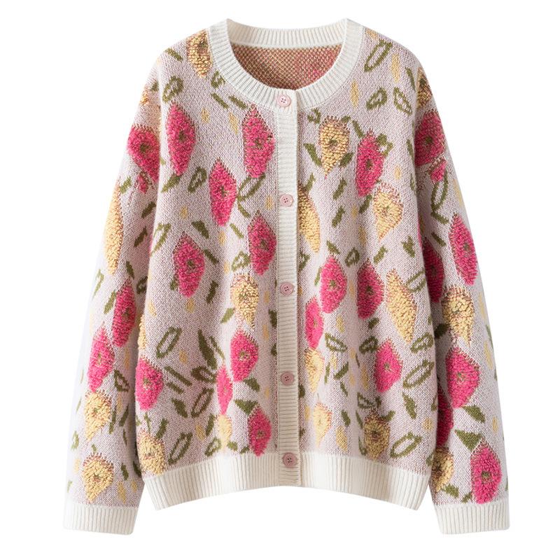 Lazy Wind Loose And Thin Towel Embroidered Sweater Jacket For Women'S Autumn And Winter New Flower Round Neck Knitted Thickened Cardigan For Women