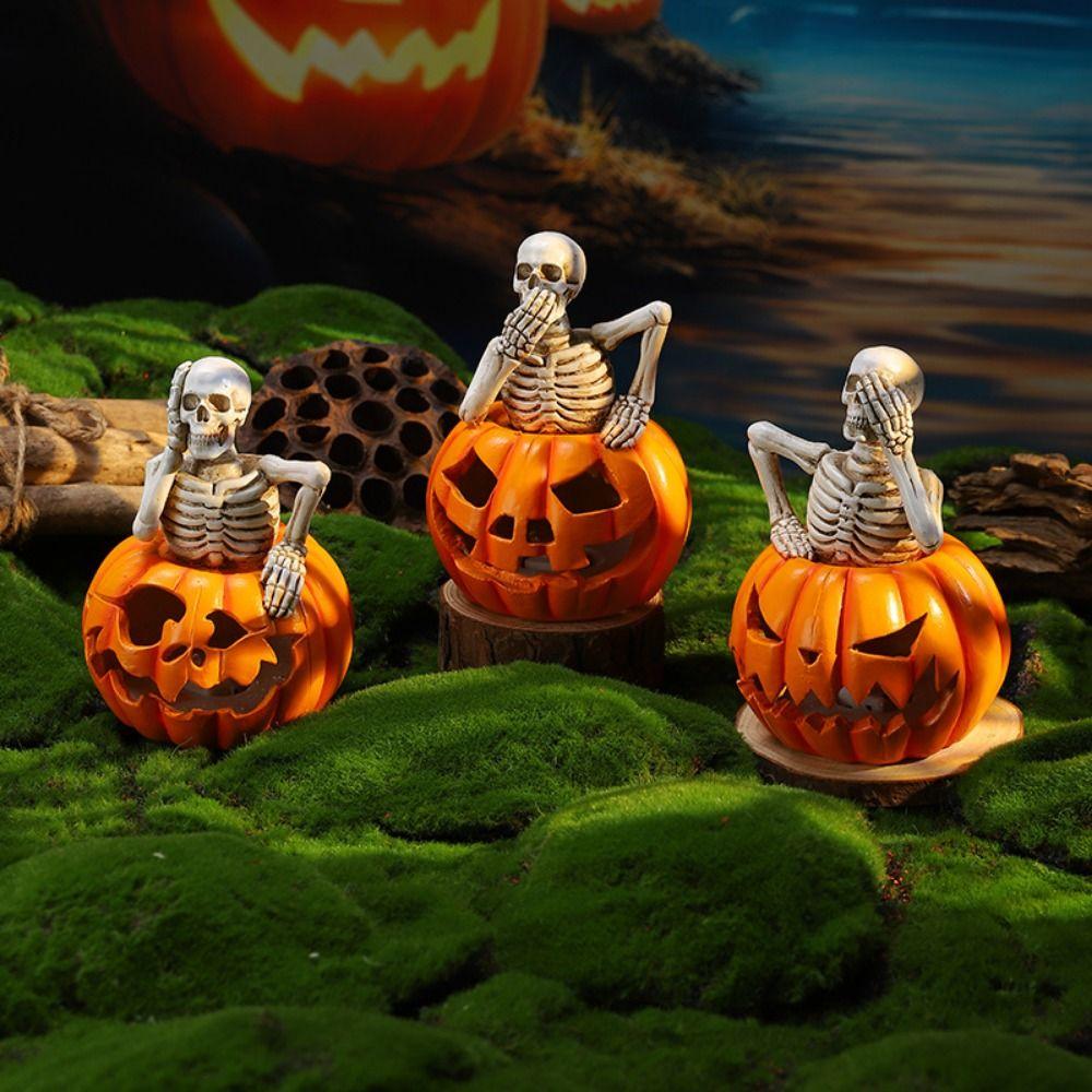 Glowing Design Halloween Skeleton Figurine Resin Craft LED Pumpkin Skull Light  Outdoor Yard
