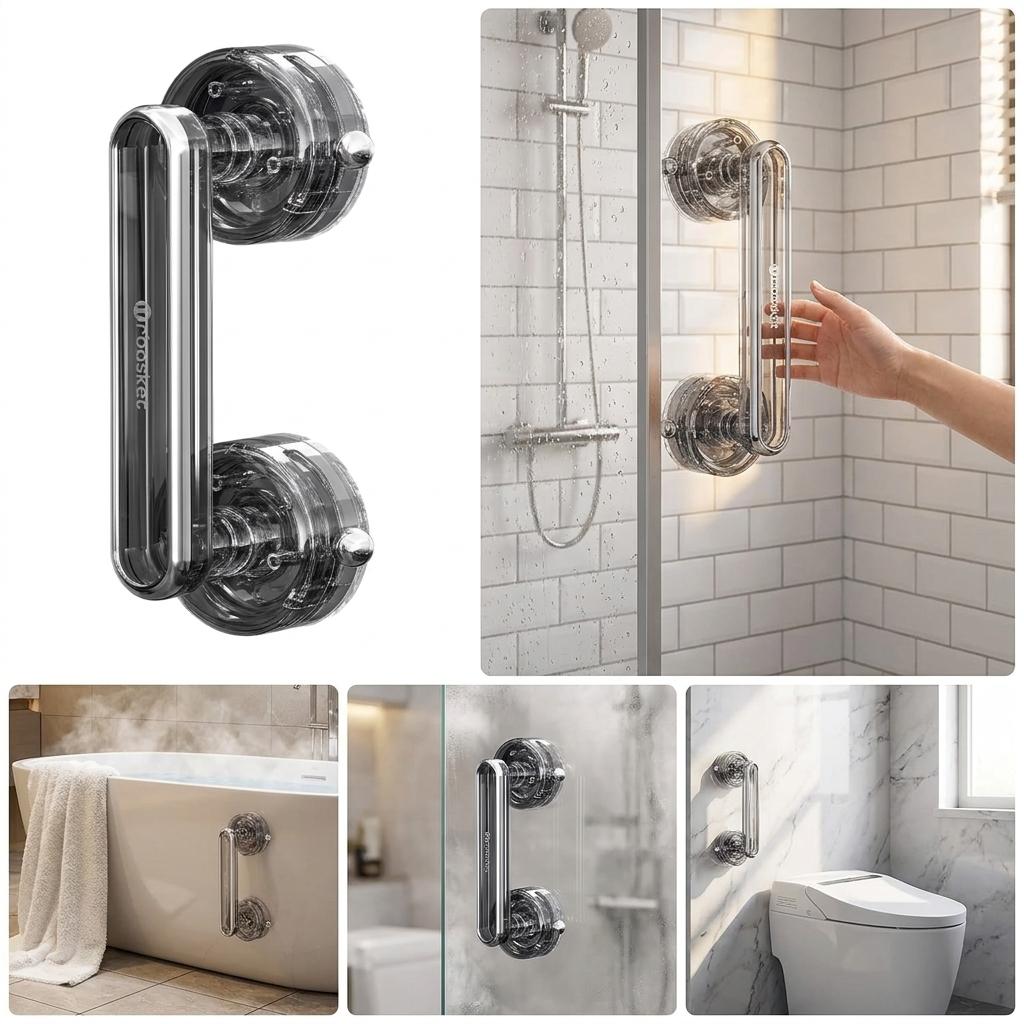 Bathroom Suction Cup Grab Bar, Non‑Slip Waterproof Removable Door Handle for Sliding Door, Wardrobe & Cabinet, No Drilling