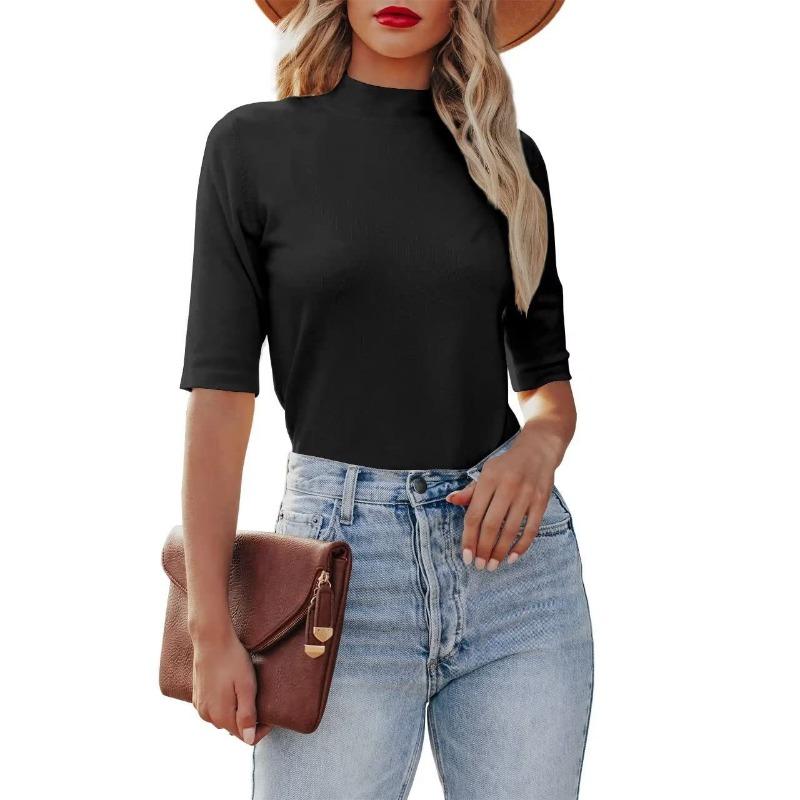 

Half High Neck Five Quarter Sleeve Top Knitted Tight Elastic Sexy Formal Casual Women s T-shirts S чорний