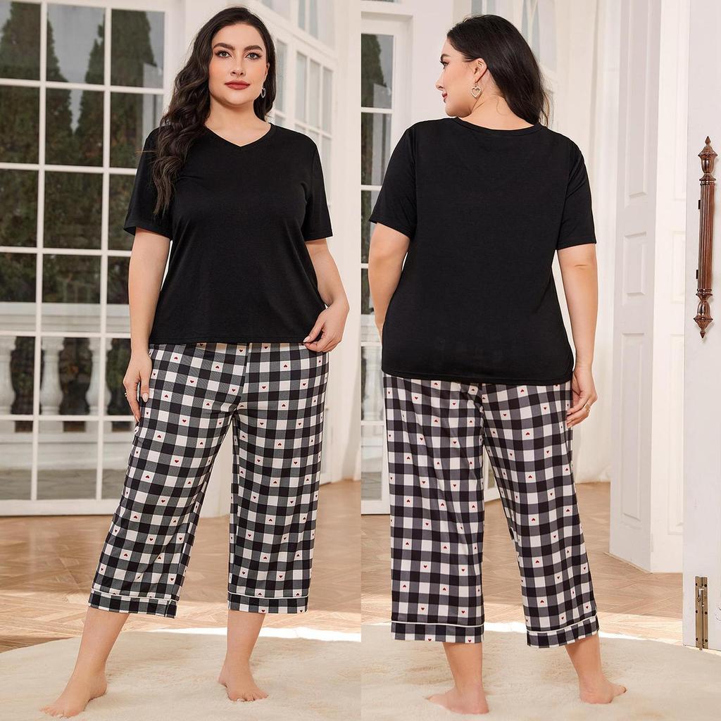 Large Size Pajamas for Women Short Sleeves V Neck Shirts and Draw String Long Pants 2 Piece Comfy Sleeping Suites Plus Size Home Sleep Lounge Wear