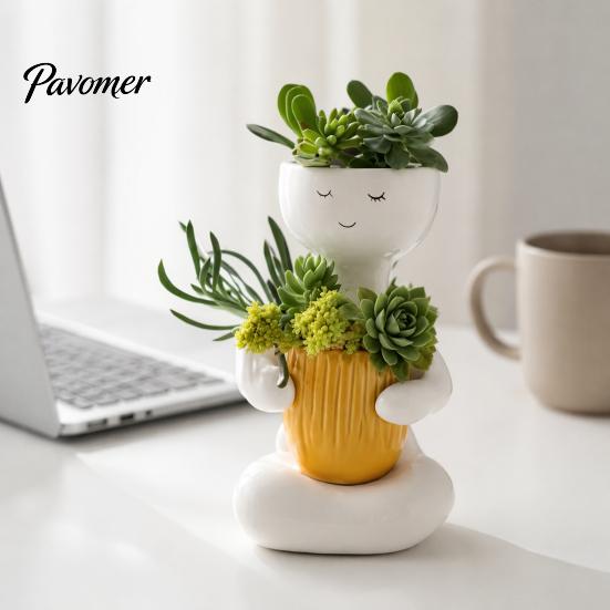 Cute Zen Home Decor Smiling Face Plant Pot, Double Planting Space Planter, Resin Desktop Flower Holder Sitting Figure Flowerpot for Succulents, Office