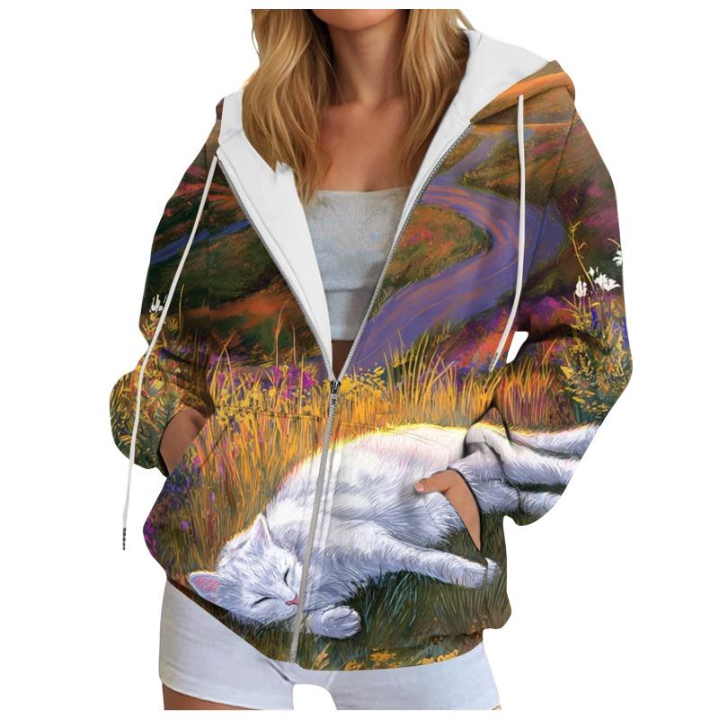 Funny Animal Print Hooded Sweatshirt Zipper Top Women'S Oversize Casual Cardigan Jacket With Pockets Long-Sleeve Outerwear Tops