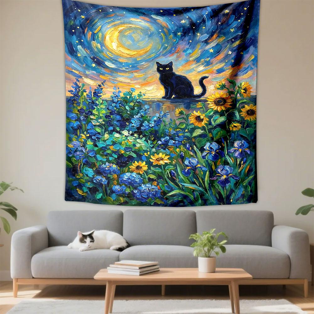 A black cat sits under a swirling moonlit sky surrounded by colorful flowers. Patterned tapestry for bedroom and living room home decor