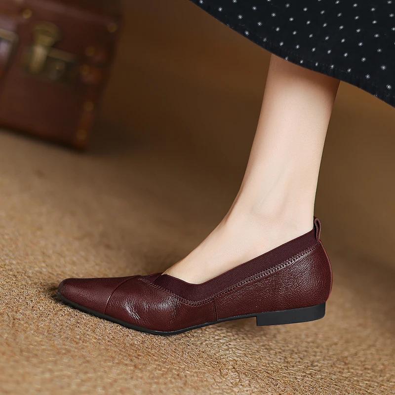 Fashion 2025 Spring Shallow Mouth Square Toe Loafers Shoes for Women Genuine Leather Woman Shoes Fashion Concise Low Heel Women Flats