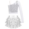 Dievčenský tanečný kostým na vystúpenie Trblietavý top na tanec s flitrami Priehľadný sieťovaný crop top s dlhým rukávom na jedno rameno Vrstvené šortky s volánmi