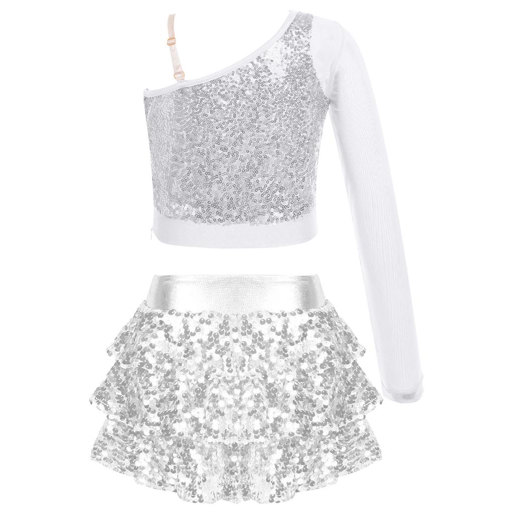 Dievčenský tanečný kostým na vystúpenie Trblietavý top na tanec s flitrami Priehľadný sieťovaný crop top s dlhým rukávom na jedno rameno Vrstvené šortky s volánmi