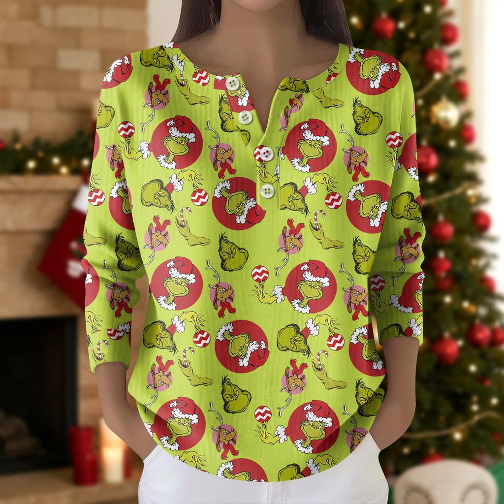 Damemote langermet juletopp med snøfnuggtrykk Elegant avslappet topp