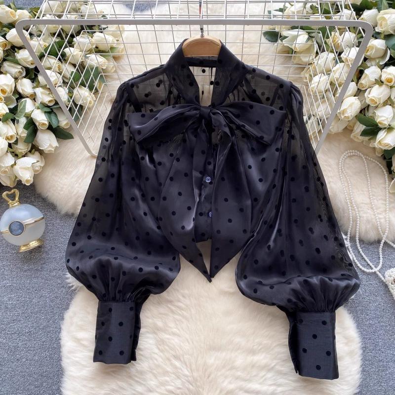 Francouzský Retro Společenský Styl Špičková Polokošile pro Ženy Na Podzim s Bufetovými Rukávy a Designem Mašle, Temperamentní Top