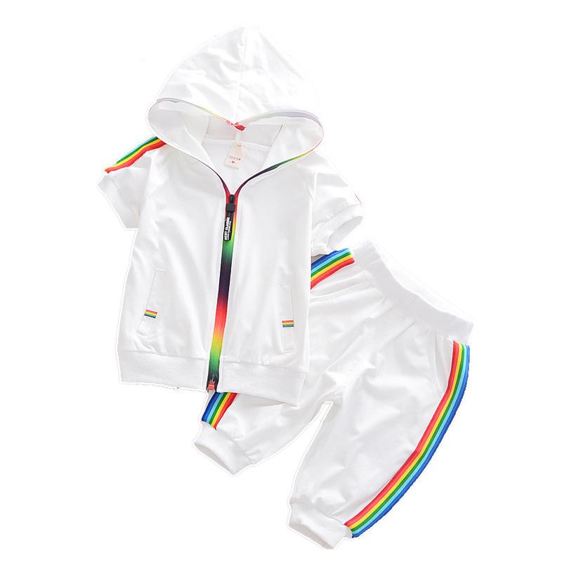 Trendy Unisex Kids Black & White Hooded Short Sleeve Two-Piece Sport Set