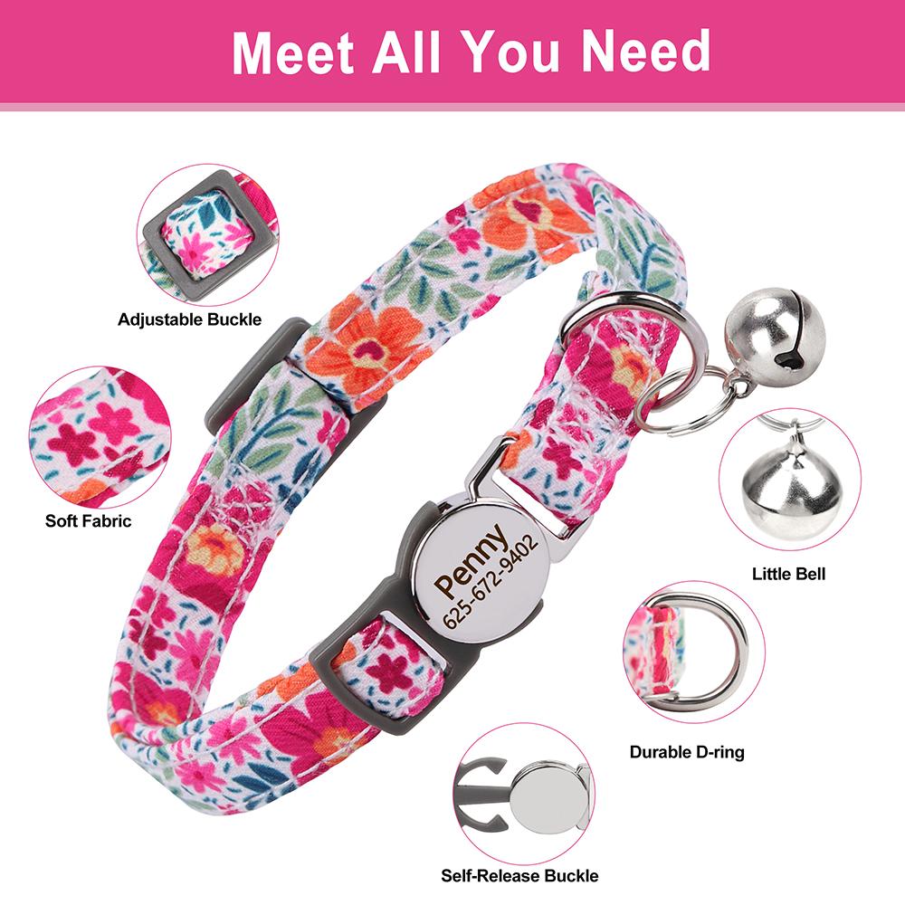Personalized Printed Cat Collar Adjustable Kitten Puppy Collars With Free Engraved ID Nameplate Bell Anti-lost Cats Collars