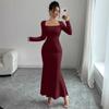 Elegant Sexy Long Sleeved Fishtail Dress Tight Fit Spring Pleated Square Collar Solid Color Party Maxi Long Dresses Evening Spring Bodycon Dress