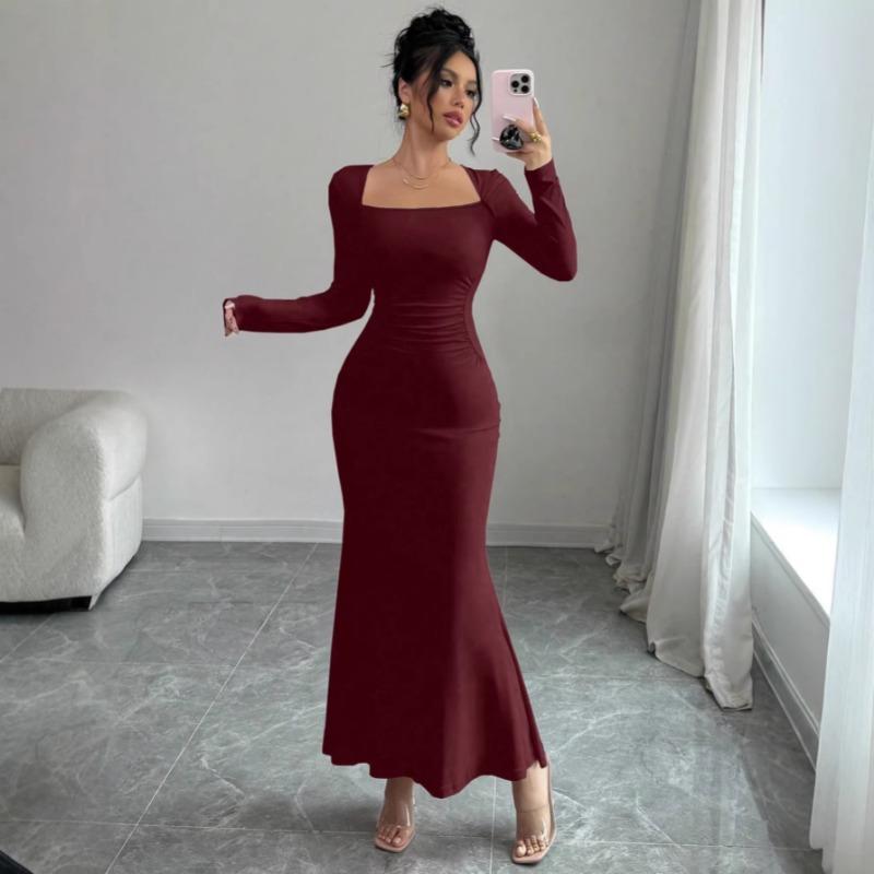 Elegant Sexy Long Sleeved Fishtail Dress Tight Fit Spring Pleated Square Collar Solid Color Party Maxi Long Dresses Evening Spring Bodycon Dress