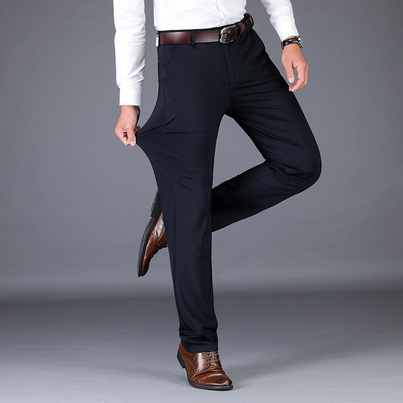 Men's Casual Stretch Black Business Trousers - Youth Straight Leg Suit Pants