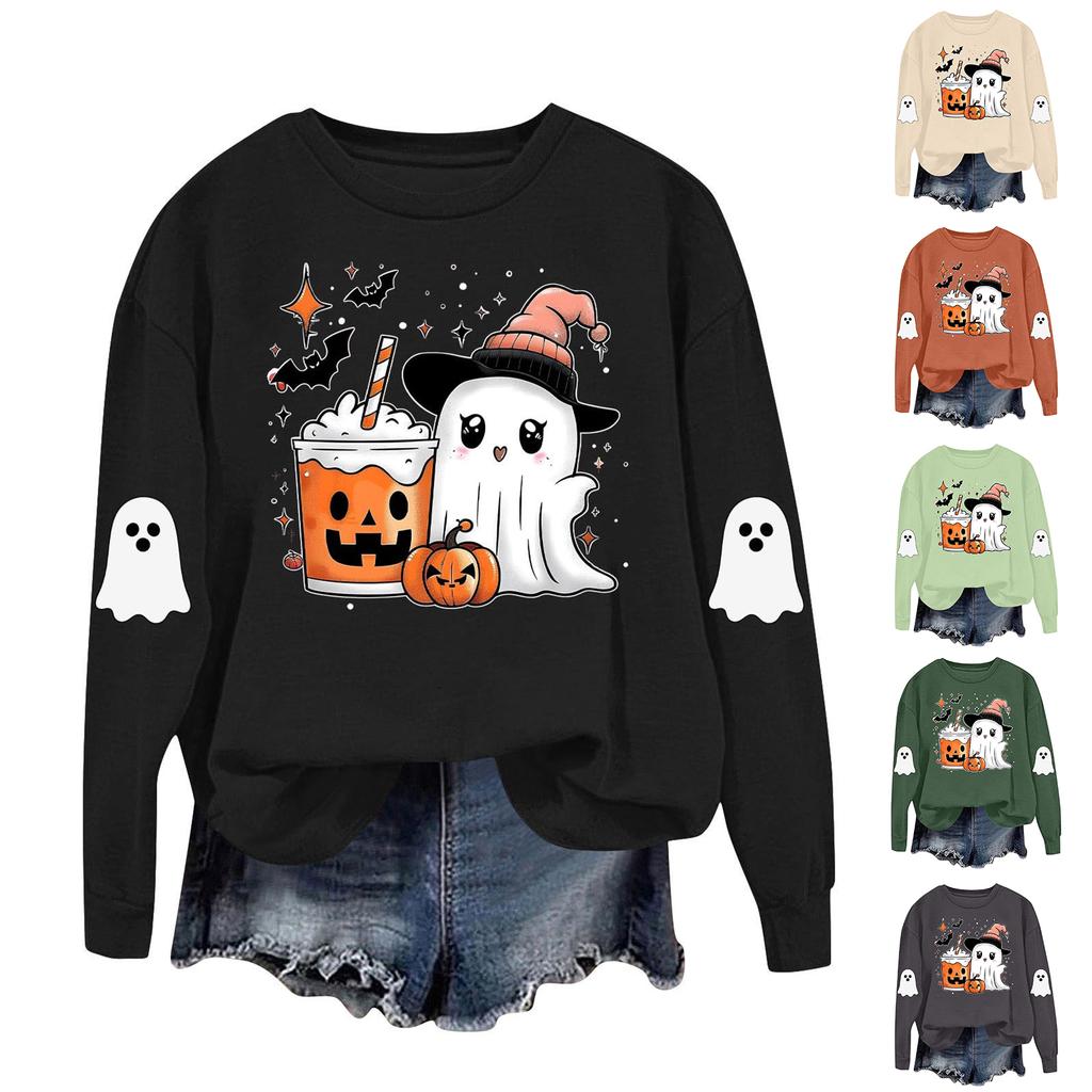 Dame Moteable Casual Langermet Halloween Trykket Rundhals Topp