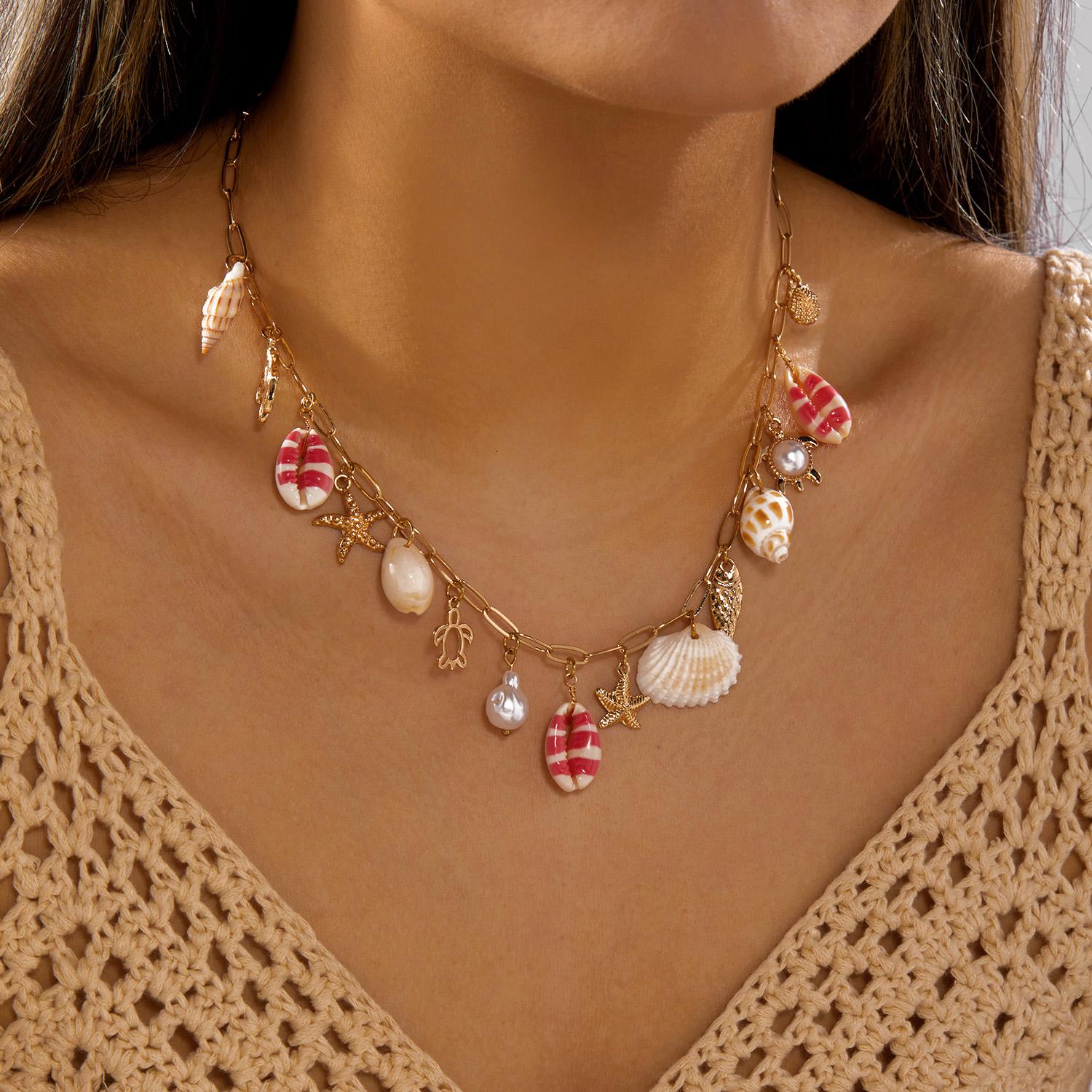 

Colorful Painting Seashells Pendant Necklace for Women Bohemian Ocean Series Fish Starfish Conch Turtle Necklace Summer Jewelry