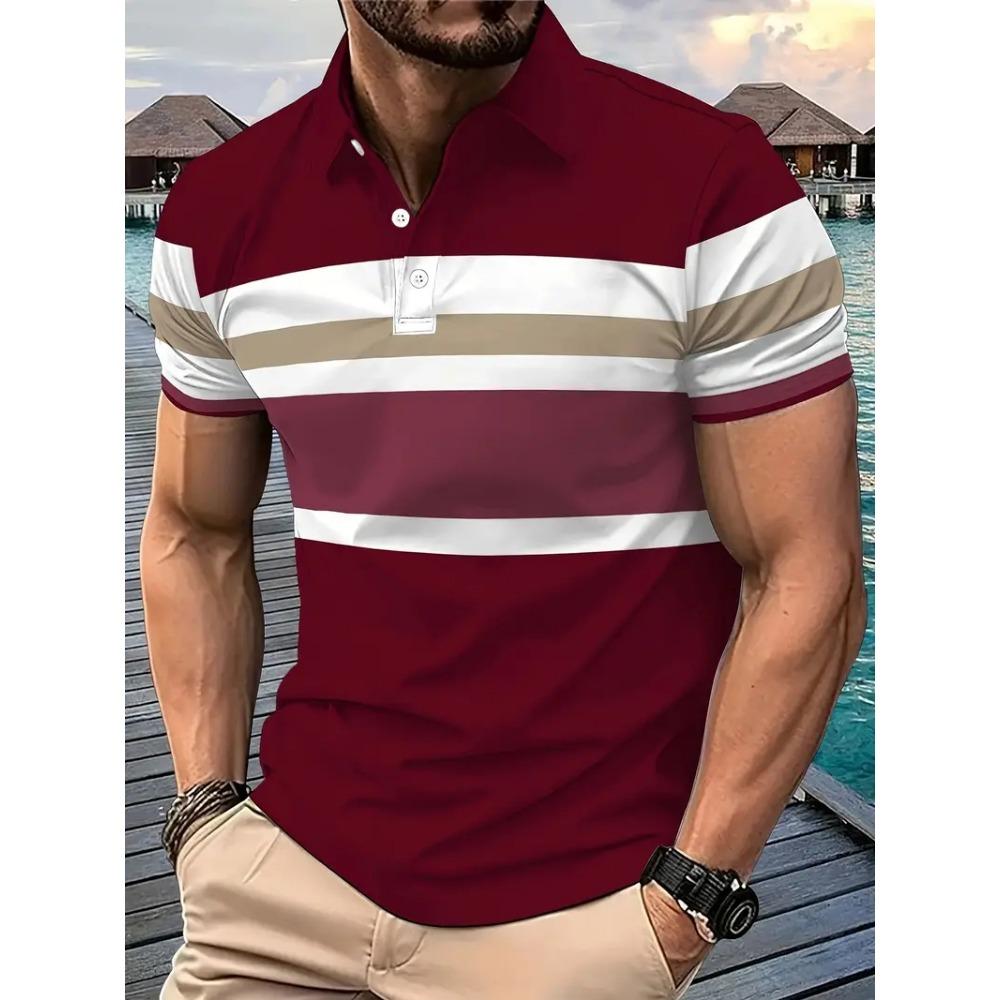3D Print Men's Polo Shirts Summer Classic Stripes Color Matching