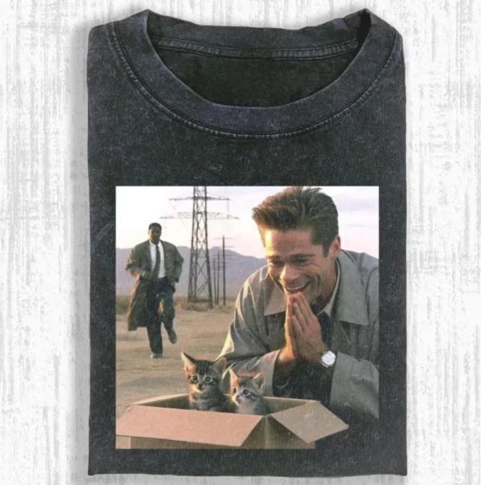 Vintage Washed Meme Parody Tee, Funny 90s Movie Inspired Cat Box Shirt S