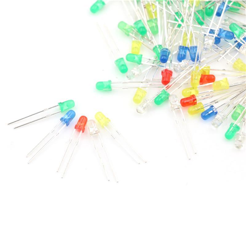 100 Buc/Set Diode Emițătoare de Lumină LED 3mm Roșu Verde Alb Albastru Galben 20mA 2 Pini