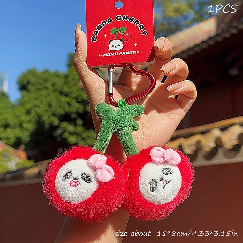 Cartoon Cute Cherry Panda Plush Doll Stuffed Toy Keychain Pendant Key Charm Bag Hanging Ornaments  Accessories Kids Gifts