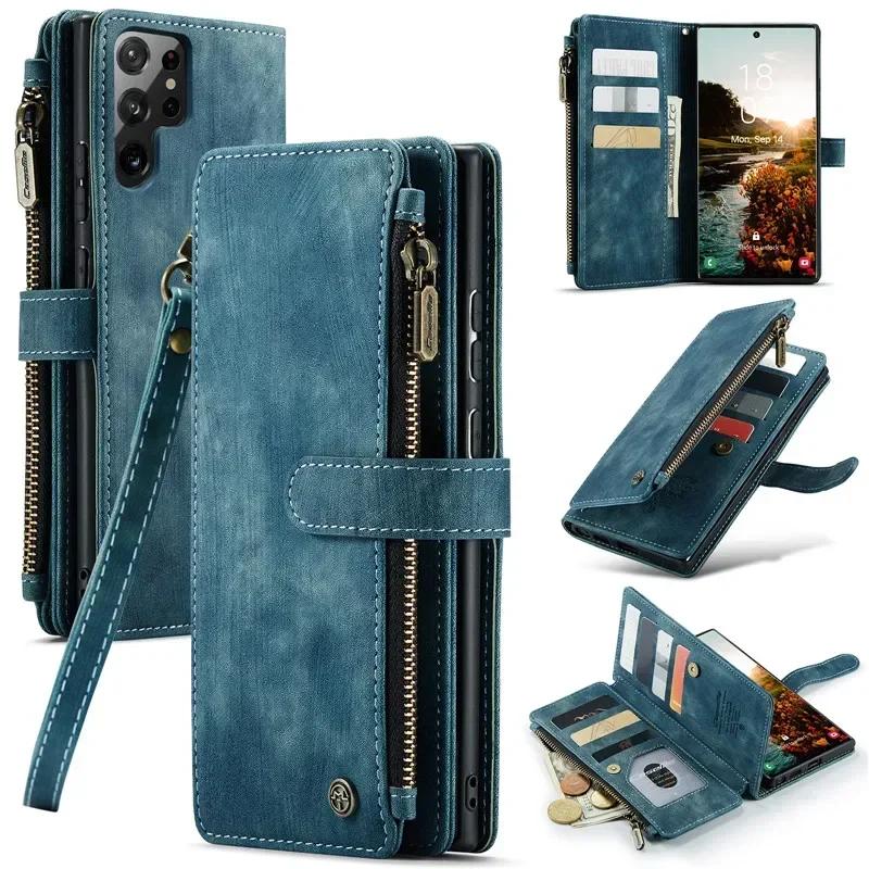 CaseMe Flip Leather Phone Case For Samsung Galaxy S26 Ultra S25 Edge S24 FE S23 S22 S21 S20 Plus S10 Note 20 Ultra Zipper Wallet Card Bag Cover Coque