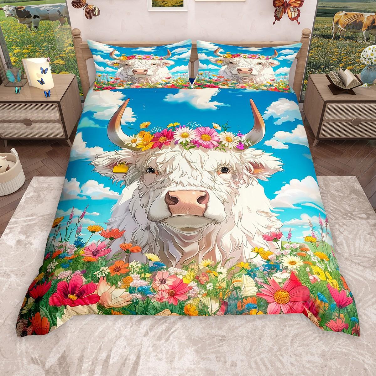 

Homewish Rustic Highland Cow Duvet Cover Set Farm Animal Bedding Set Farmhouse Lodge Cabin Comforter Cover Set EU Single(135*200cm)3pcs