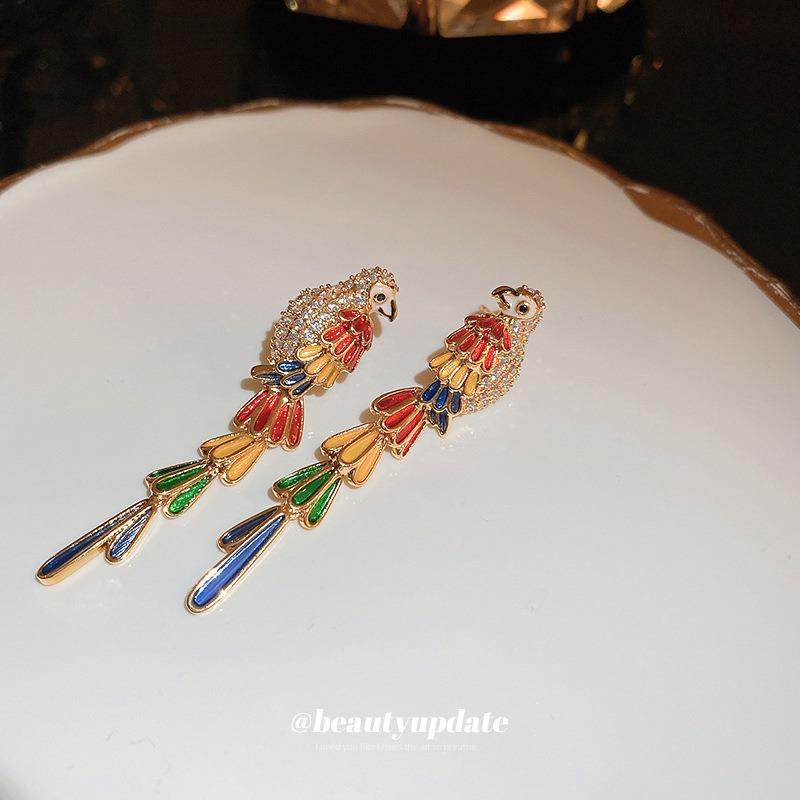 Real Gold Electroplated Silver Needle Colored Zircon Long Parrot Earrings Medieval Court Style Earrings Literary and Artistic Fan French Earrings