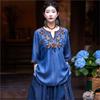 Johnature Woman Spring Embroidery Half Sleeve V-Neck Retro T-Shirt Personality Casual Vintage Style Loose T-Shirt