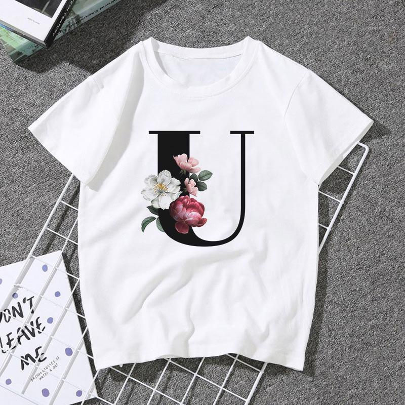 A B C D E English Alphabet Print T Shirt Women Short Sleeve Couples Lovers Female