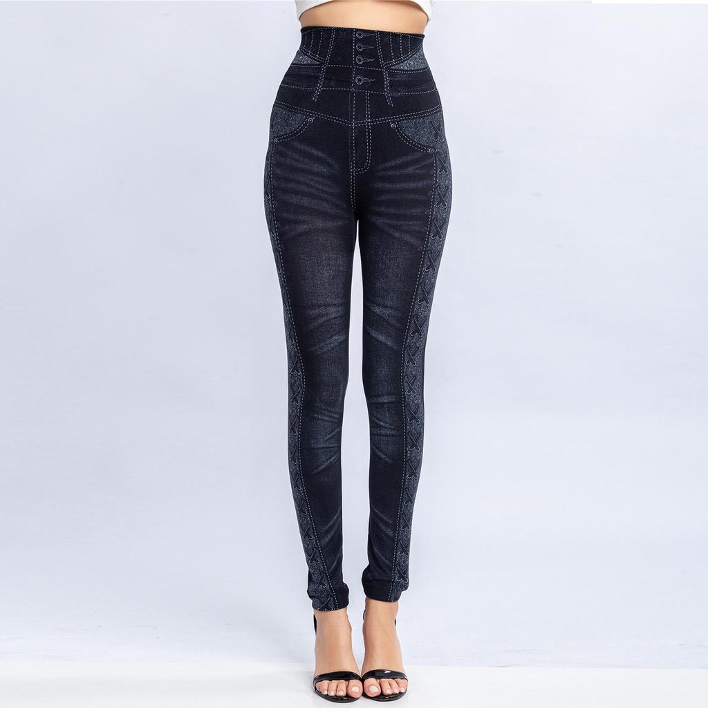 Women's Stretchy Skinny Print Jeggings Lmitation Jeans Seamless Ninth Pants