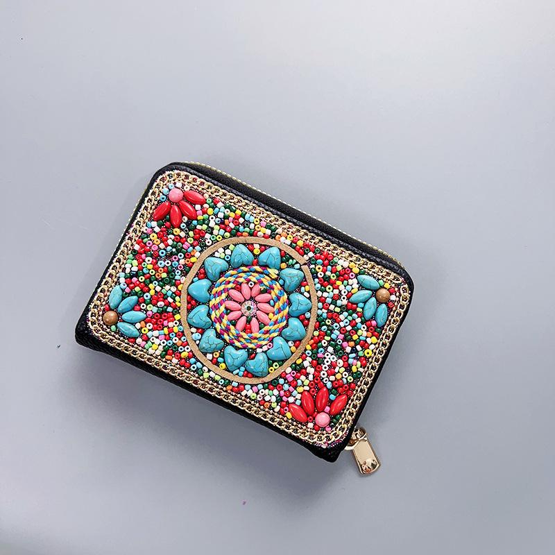 Ethnic Style Card Holder - Multi-layer Premium Hand-feel Vintage Delicate Beaded Zipper Pocket