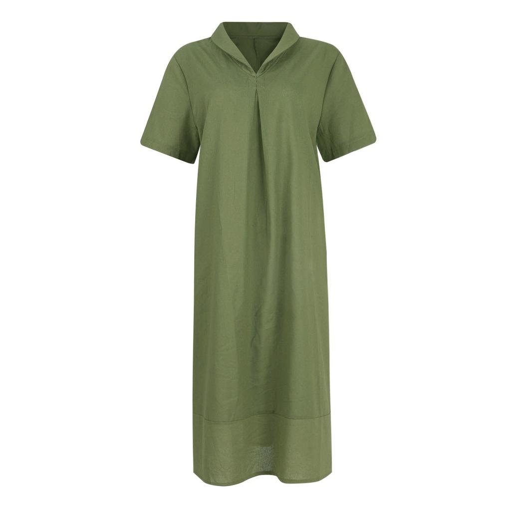 Women's Summer Casual Midi Short Sleeve Dresses Solid Color V-Neck Beach Vacation Dresses