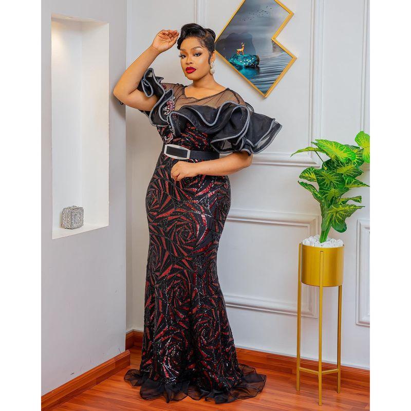 Rose-Shaped Sequin Slim-Fit Fishtail Evening Gown, Long Dress with Off-Shoulder Ruffles, Luxurious African and European Women's Long Dress