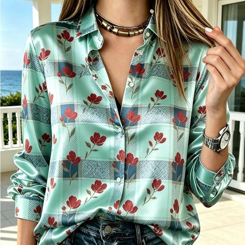 Womens Long Sleeve Satin Blouse Plaid Floral Mixed Print Lapel Button Up Casual Daily Office Wear Multi Color