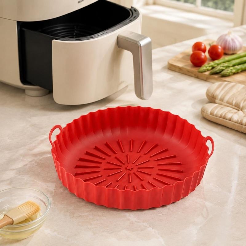 Round and Square Cooking Basket Trays in Reusable Silicone with Grip Handle Design and Crumb Collecting Base Pair