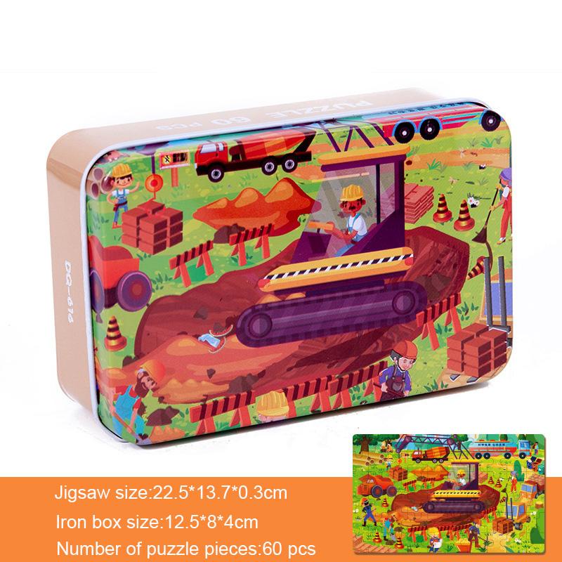 60 Pcs/Set Kids Wooden Puzzle Cartoon Animal Vehicle Dinosaur Pattern Jigsaw with Iron Box Baby Early Educational Toys Gift