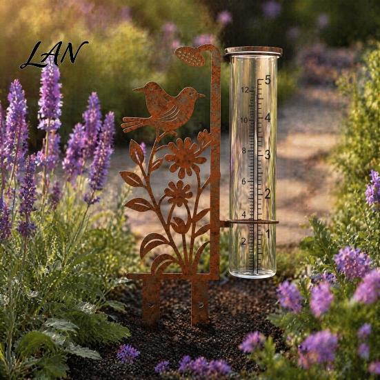Decorative Bird And Flower Rain Gauge Outdoor, 7.8 Inch Gauges for Measuring Precipitation, Freeze Proof Artistic Metal Gauge, Vintage Garden