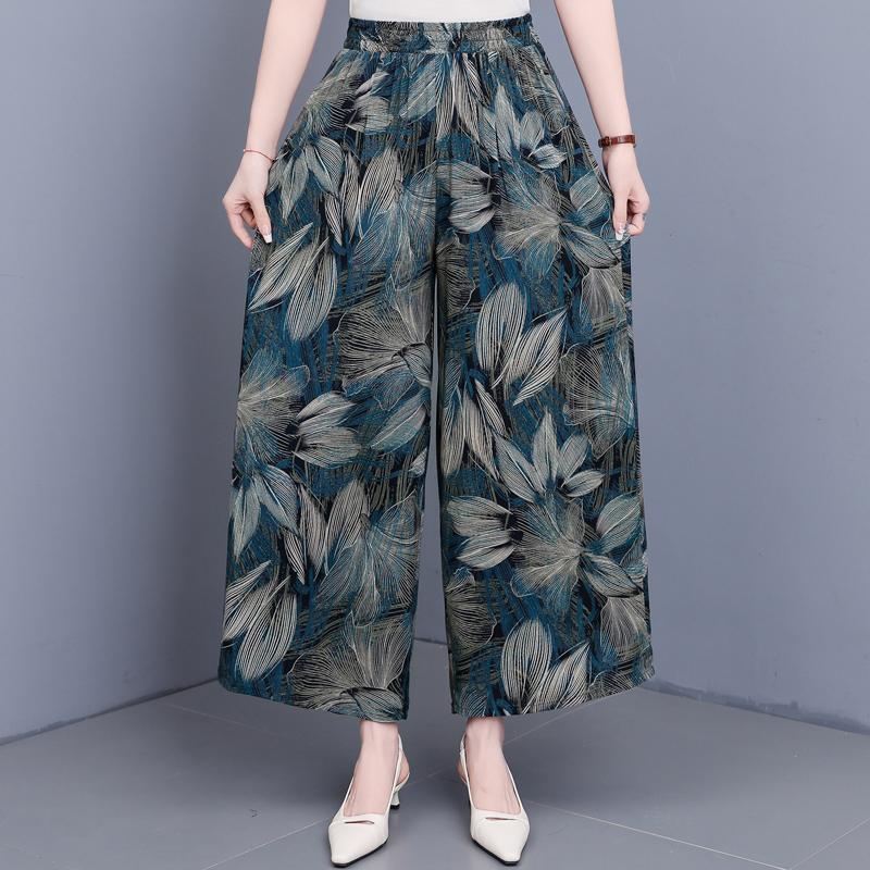 Women's Plus Size Cotton Silk Printed Wide Leg Pants, Elastic Waist Casual Summer Trousers (XL-5XL)