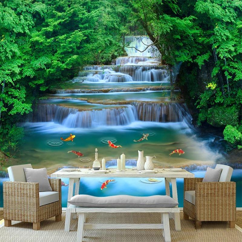 Waterfall Wallpaper Running Water Goldfish Photo Mural Nature Landscape Wall Painting Home Decor Wall Paper
