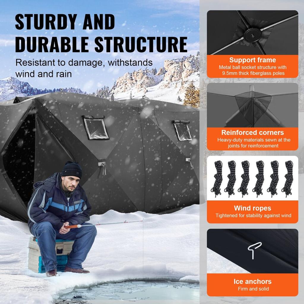 Portable Ice Shelter, 6-8 Person Pop-Up Ice Fishing Tent, 70 Square Feet Fishable Area, Ice Shanty for Winter Fishing, Waterproof Oxford Ice Cube with