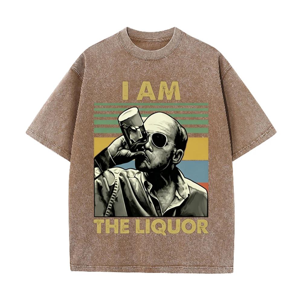 T-shirt Grafica Uomo Retro Lavata Beige Vintage Ritratto Uomo che Beve Stampa a Blocchi di Colore Strisce Oversize Uomo Casual Manica Corta