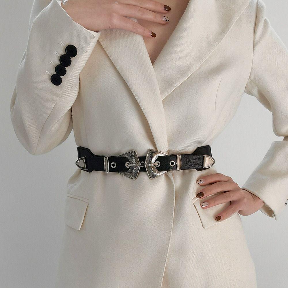 

PU Leather Elastic Belts Metal Waistband Fashion Double Buckle Belt Women