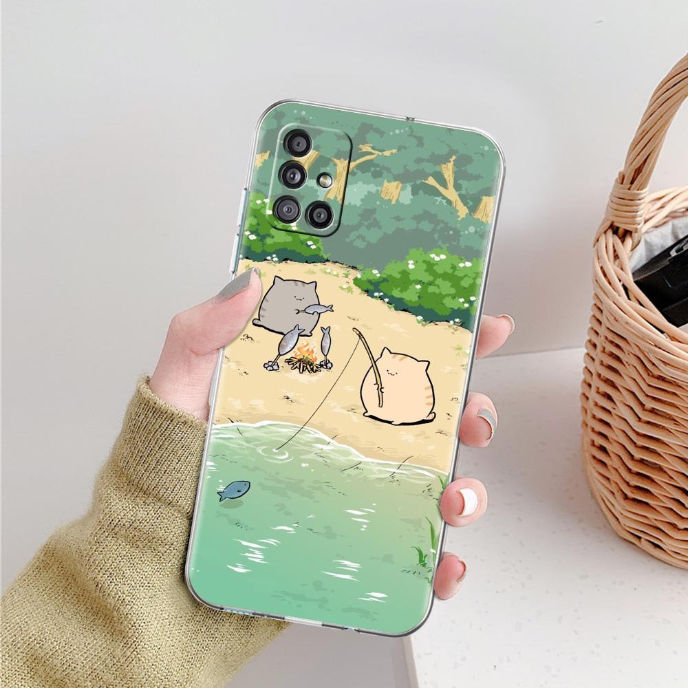 Phone Case For Samsung A15 A13 A35 A55 A51 A71 A41 A31 A21S A03S A05 A17 A23 A25 A33 A53 A73 5G A07 4G Clear Cover Cat Fishing