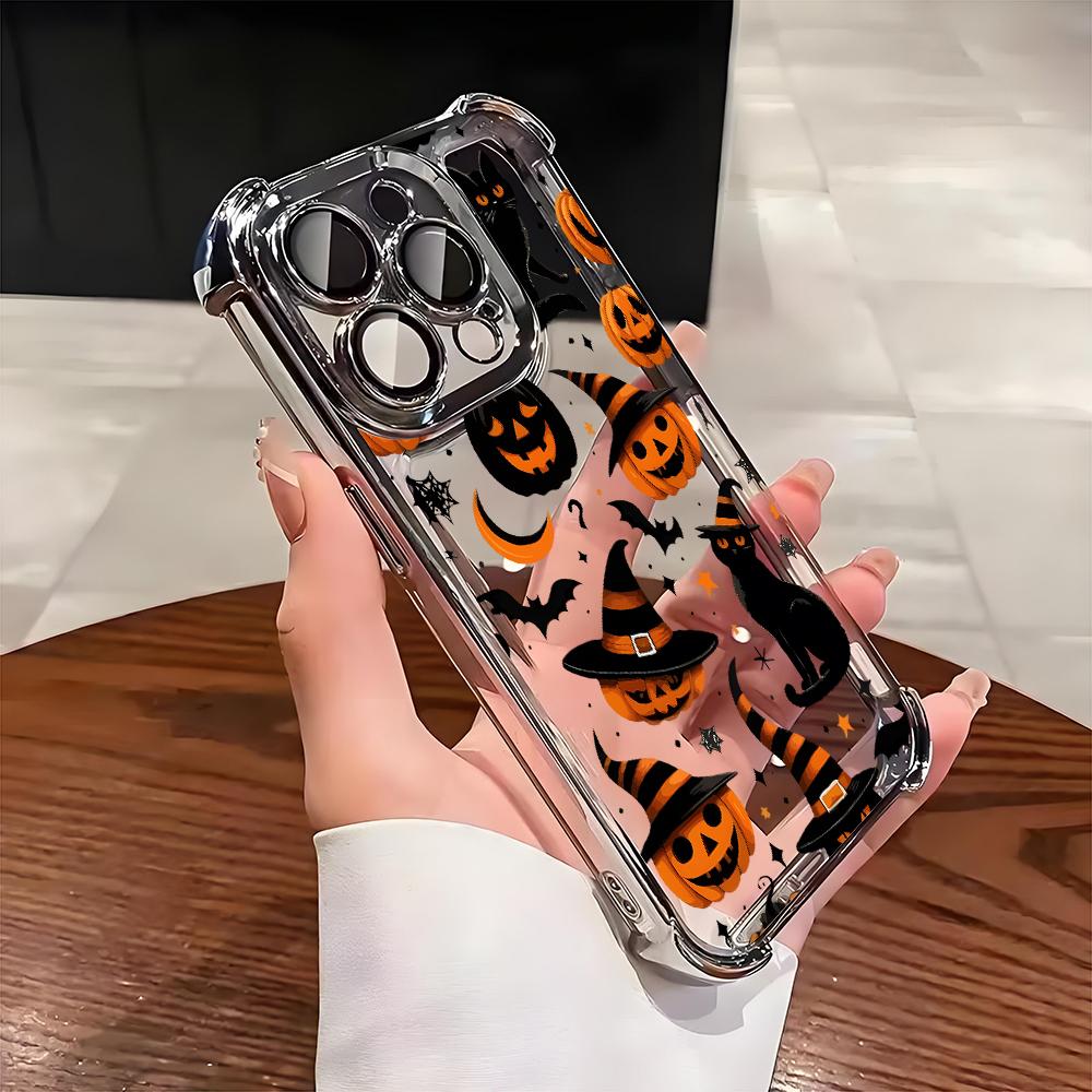 Halloween Black Cat Pumpkin Bat Pattern Phone Case For iPhone 17 16 15 14 13 12 11 Pro Max 15 16 Plus 17Air Airbag Plating Cover