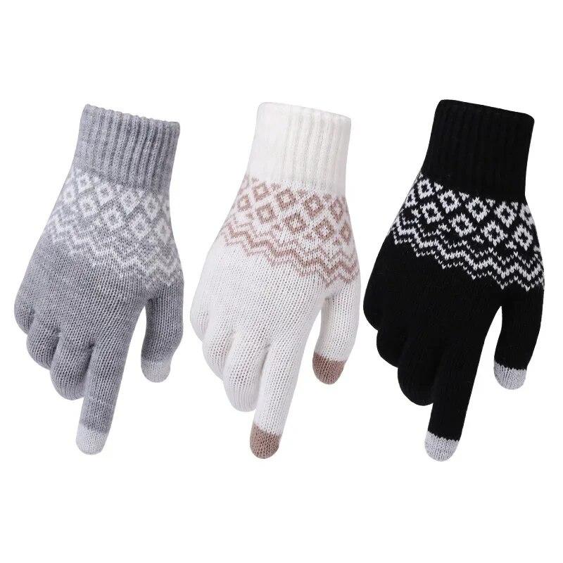 Unisex Touchscreen Compatible Knit Mittens with Crochet Pattern In Black and White