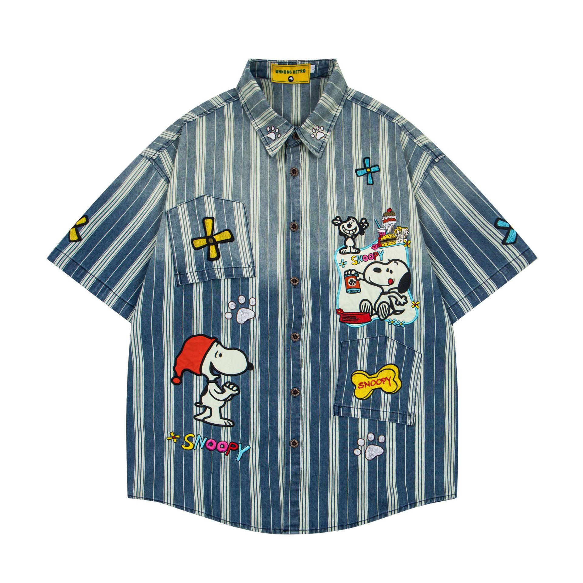American retro gradual change color washed denim shirt cartoon embroidery striped shirt short sleeve M