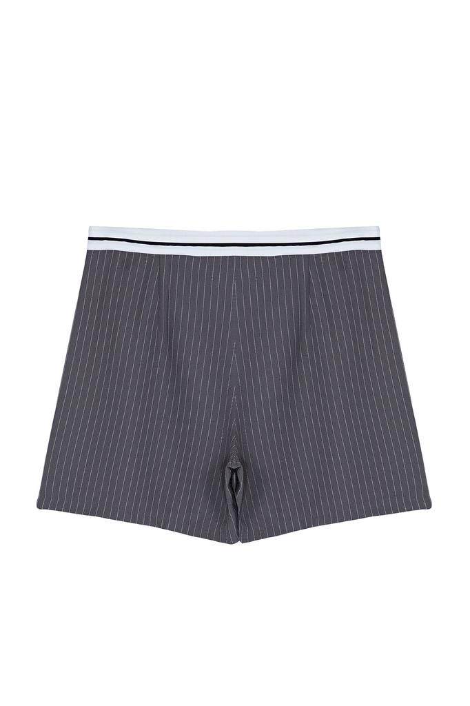 Women's Style Plus Size Anthracite Waist Belt Detailed Mini Striped Woven Shorts Skirt