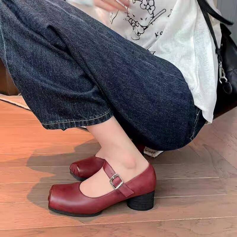 Designer Vintage Femei Mary Jane Pantofi Fashion Pantofi cu varf patrat Primavara Toamna Sandale elegante cu toc joase