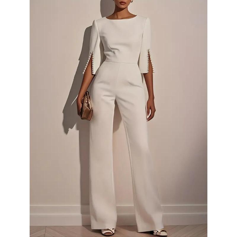 women s Pearl Embellished 3/4 Sleeve Solid Color Slim Fit Straight Leg Jumpsuit Evening Party Romper S